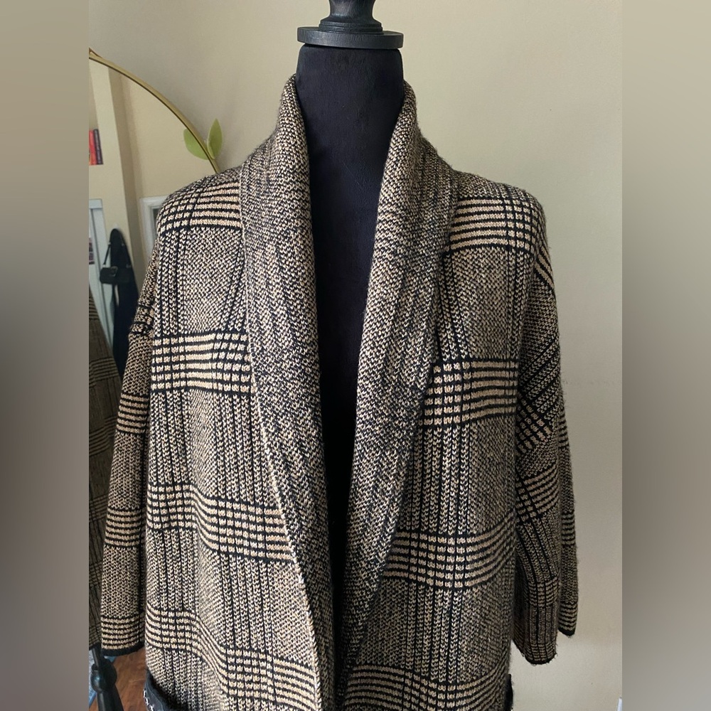 Plaid sweater Joseph ribkoff brown black camel cover up 223942x 3/4 sleeve - Picture 10 of 13